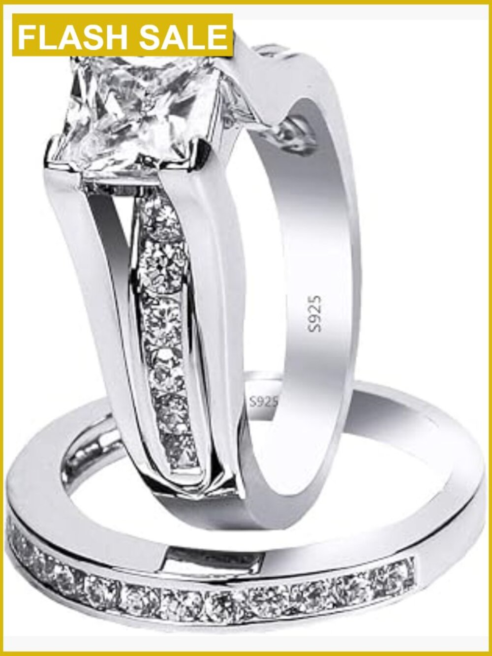 925 Sterling Silver Princess Cut Cz Wedding Ring Bridal Set